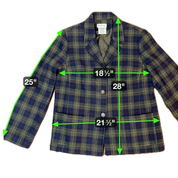 Vintage Wool Tartan Plaid Blazer Jacket Olive Green Blue Size 12 Academia Preppy - Picture 4 of 6